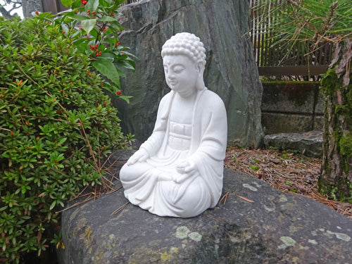 White Stone Shakyamuni Buddha Statue – 24 cm Tall, Serene Buddhist Art